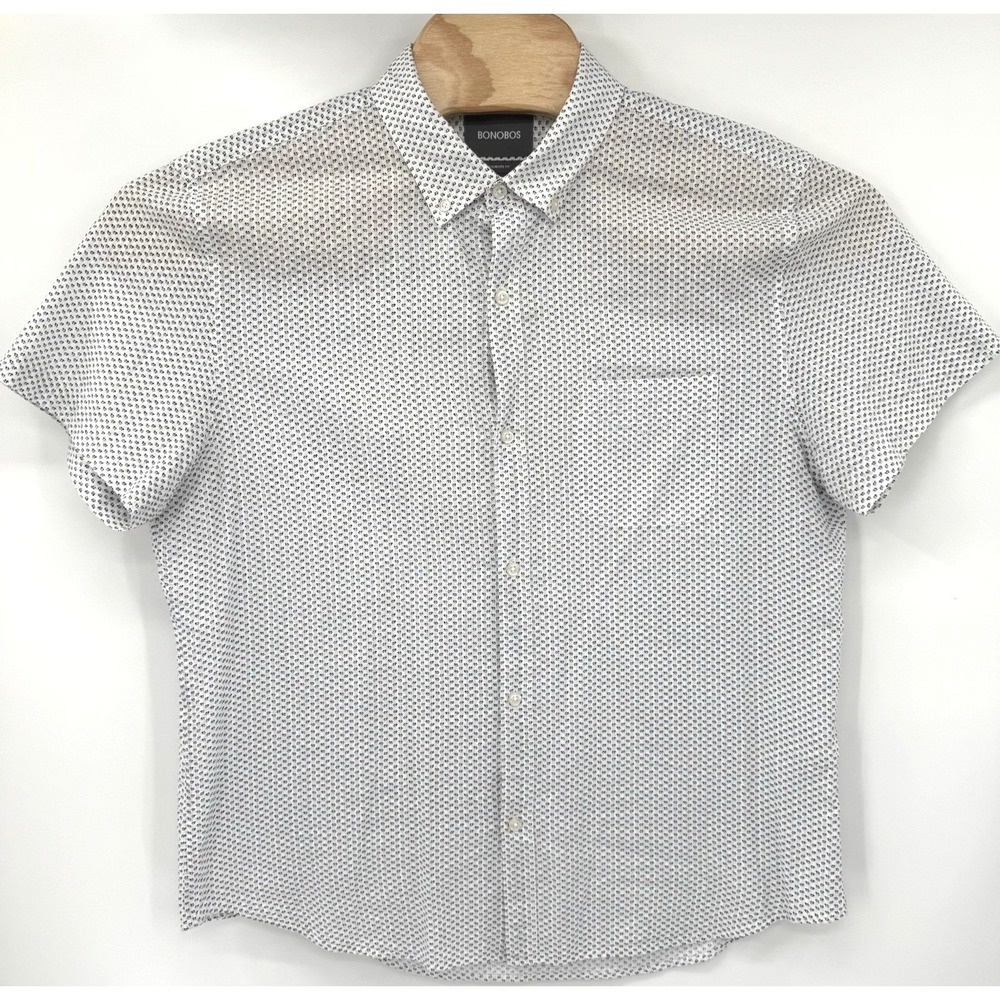 Bonobos Button Down Mens L Short White Navy Blue Geometric Short Sleeve Shirt